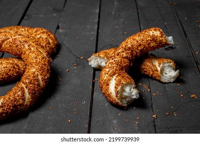 Simit, Traditional Turkish Bagel, Breakfast, On A Black Wooden Table, No People