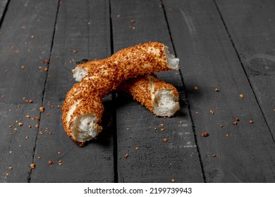 Simit, Traditional Turkish Bagel, Breakfast, On A Black Wooden Table, No People