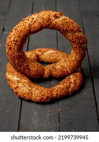 Simit, Traditional Turkish Bagel, Breakfast, On A Black Wooden Table, No People