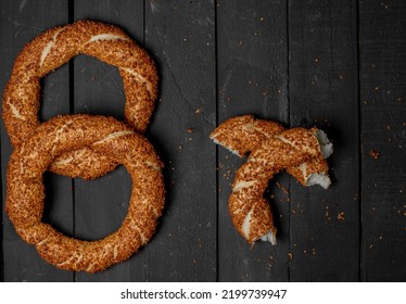 Simit, Traditional Turkish Bagel, Breakfast, On A Black Wooden Table, No People