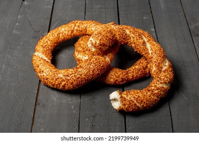 Simit, Traditional Turkish Bagel, Breakfast, On A Black Wooden Table, No People