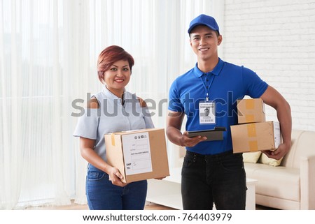 Simling fast delivery service representative and happy client