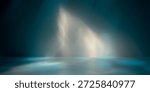 Simple abstract light blue background for product presentation with sunny light reflections shadow on wall.