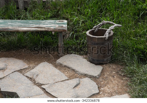 Simple Antique Wooden Bucket Sits On Stock Photo Edit Now 342336878