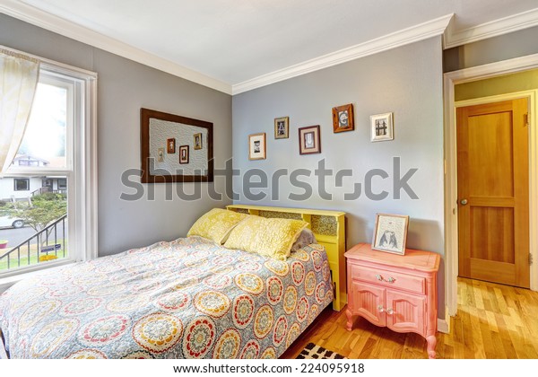 Simple Bedroom Light Blue Walls Bed Stock Photo Edit Now 224095918