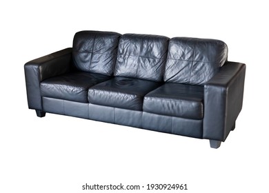 Simple Black Leather Couch Isolated On White, Object Cut Out. Plain Worn Cushion Sofa On White Background. Furniture Model, Stylish Modern Interior Room Business Office Design Piece, Graphical Assets