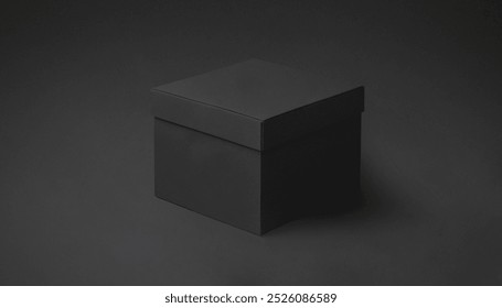 Simple black square box on a grey background. Premium photo mockup for elegant and clean cardboard box product.