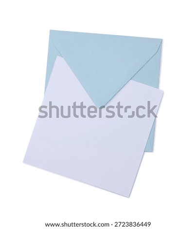 Simple blue envelope and empty white card for correspondence. Top view, isolated on a white background.