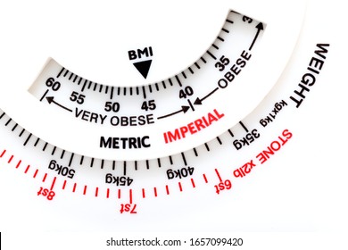 Simple BMI Body Mass Index Calculator Meter Tool, Weight Measurement, Obesity Problem Abstract Measuring Weight And Calculating BMI Arrow Pointing At Very Obese Range Metric And Imperial Units Display