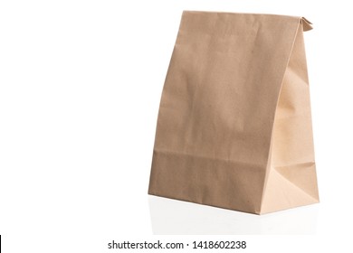 Simple Brown Paper Bag For Lunch Or Food Isolated On White Background With Copy Space