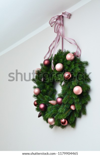 Simple Christmas Wreath Hanging Lightgray Wall Stock Photo