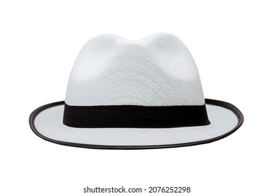 Simple Classic Black And White Fedora Hat, Object Isolated On White, Front View Cut Out. Fancy Clothing, Stylish Fashion Accessory Design Element. Party Wear Props And Accessories, Summer Clothes
