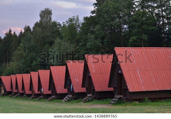 Simple Cozy Wooden Cabins Red Roof Stock Photo Edit Now 1438889765