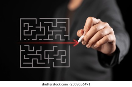 simple easy fast solution concept, problem solving, business man thinking about exit from complex labyrinth maze