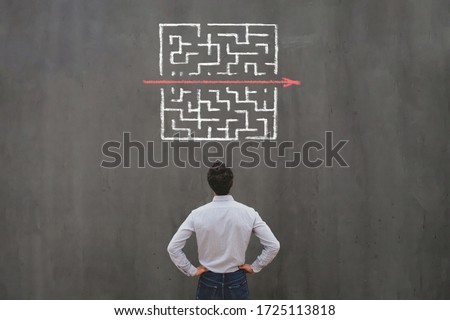 simple easy fast solution concept, problem solving, business man thinking about exit from complex labyrinth maze