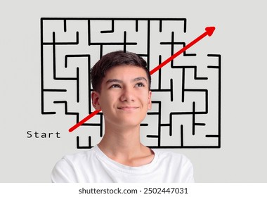 Simple easy fast solution, problem solving, handsome teenager boy smiling thinking about exit from complex labyrinth maze. Problem solve figure out concept.