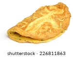 Simple egg omelette with herbs on white background.
