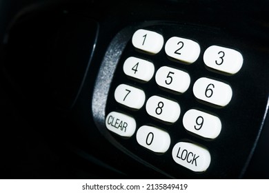 Simple Electronic Safe Background. Buttons With Numbers Isolated On Black. Money Satefy Vault. Secret Code Keypad. Combination Required To Unlock. Security Password Texture.