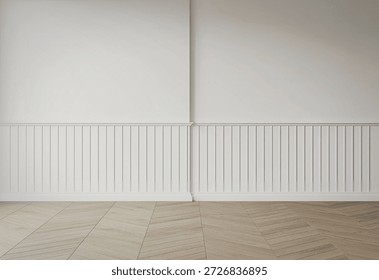 A simple and elegant room featuring white wainscoting along the lower half of the wall and a wooden herringbone-patterned floor.