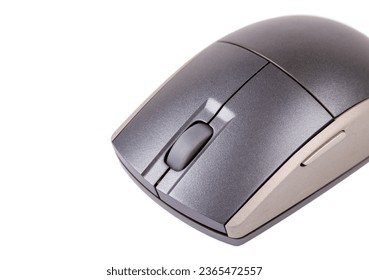 Simple generic grey modern PC mouse, slight angle, object closeup, isolated on white, detail, new clean product shot, nobody, no people, input devices abstract concept, computer accessories, equipment - Shutterstock ID 2365472557