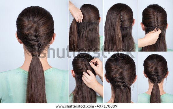 Simple Hairstyle Ponytail Twist Hair Tutorial Stock Photo