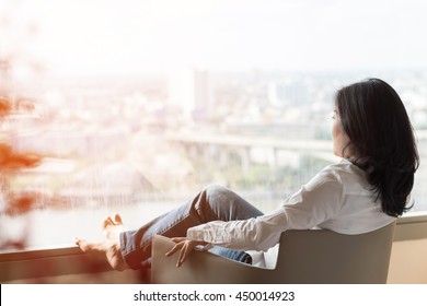 Simple Healthy Living Lifestyle Menopause Aged Asian Woman Take A Rest Relaxing With Self Awareness, Peace Of Mind, Mental Health Balance Care Free, Do Nothing At Home Or In Luxury Hotel Guest Room