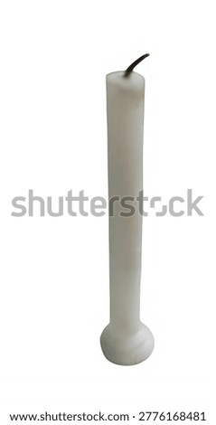 Simple image of a single white candle standing upright with a black wick on top, ready for use.