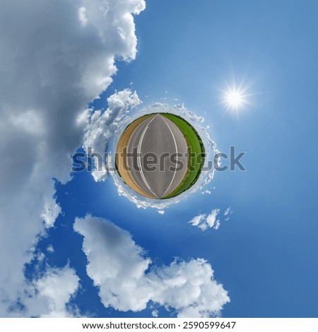 simple little tiny planet without buildings in blue sky with sun and beautiful clouds. Transformation of spherical panorama 360 degrees. Spherical abstract aerial view. Curvature of space.	
