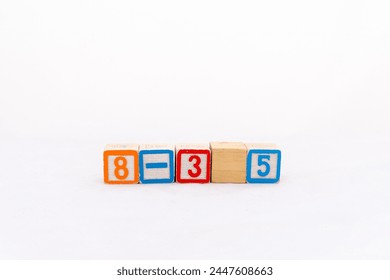 Simple math equation 8 minus 3 equals 5 formula isolated on white background. Mathematics formulas concept.