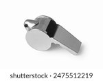 A simple metal whistle isolated on a white background. Whistle close-up.