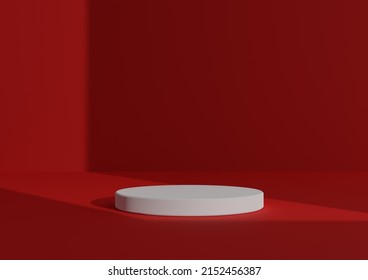Simple, Minimal 3D Render Composition with One White Cylinder Podium or Stand on Abstract Shadow Neon Red Background for Product Display Window Light Coming from Right Side - Shutterstock ID 2152456387