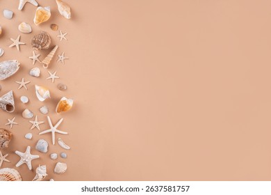 Simple minimal pattern background with seashells and starfish. Summer sale, holiday and travel background, border for sale, invitation, top view copy space