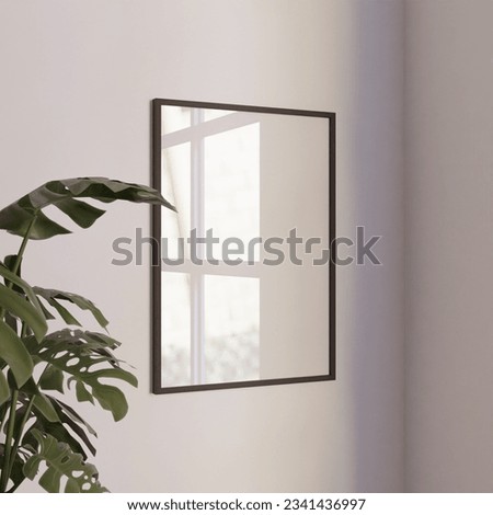 simple minimalist frame mockup poster hanging on the white wall with plant decoration. 50x70, 20x28, 20RP frame mockup poster. wall background with window light and shadow