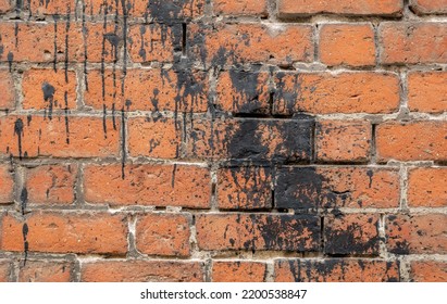 Simple Old Weathered Brick Wall Splashed With Black Paint, Tar, Backdrop, Background Texture, Wallpaper, Nobody. Building Side Worn Bricks Black Paint Splash Wall Front View, Closeup, No People