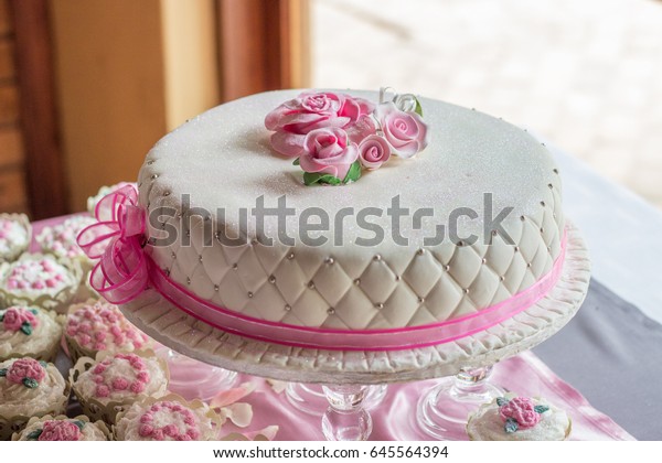 Simple One Layer White Wedding Cake Stock Photo Edit Now 645564394