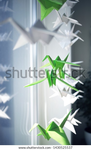 Simple Origami Cranes Green White Paper Stock Photo Edit