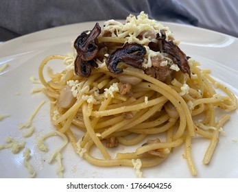 Simple Pasta Dish With Mushroom, Meat And Cheese