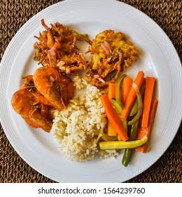 Simple Philippine Meal - Brown Rice, Battered Shrimp, Battered Vegetables, Shrimp Fritters (ukoy)