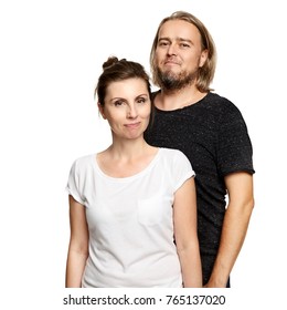 Simple Portrait Of Couple, Woman And Man. Studio Shot Isolated On White Background. 