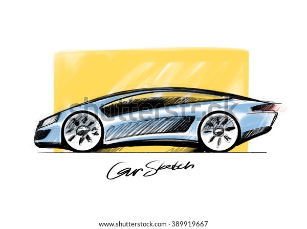 Simple quick sketch of a car design concept.\
Hand drawing original design. Side\
view.