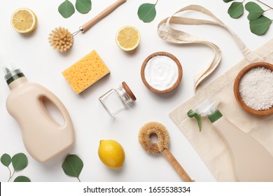 Simple recipes homemade. zero waste detergent, household chemicals sponge, lemon, salt on white background, flat lay, top view