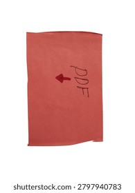 A simple rectangular orange paper sign featuring the letters PDF and a small hand-drawn arrow, representing digital document identification.