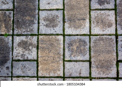 Simple rectangular paving slabs. Gray paving tiles details close-up. The texture of paving tiles, the pattern on the tile. Concrete paving slab flagstone. Sidewalk pavement pattern. Cement brick