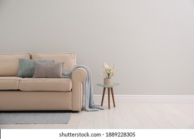 Simple Room Interior With Comfortable Beige Sofa, Space For Text