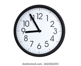Simple round wall clock with black frame and white face, showing the time exactly at 08:55 or 20:55. Representing time precision in concepts of deadlines.