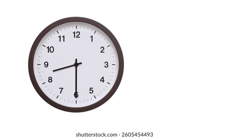 A simple round wall clock with a dark brown frame and a white face displaying 20.30, 8.30. Isolated on a white background, perfect for time-related concepts, deadlines, and schedule themes.