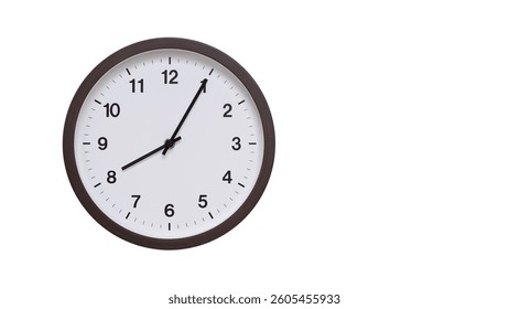 A simple round wall clock with a dark brown frame and a white face displaying 8.05, 20.05. Isolated on a white background, perfect for time-related concepts, deadlines, and schedule themes.