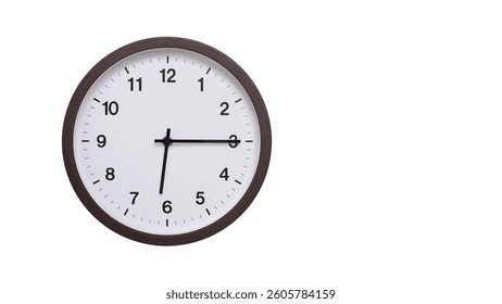 A simple round wall clock with a dark brown frame and a white face displaying 18.15, 06.15. Isolated on a white background, perfect for time-related concepts, deadlines, and schedule themes.