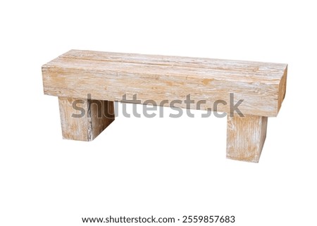 A simple rustic wooden bench with a rectangular seat and sturdy legs isolated on transparent white background, clipping path, ideal for outdoor seating or garden decor.