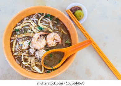 Simple Serving Of No Frills Sarawak Laksa With Prawn And Chicken Meat